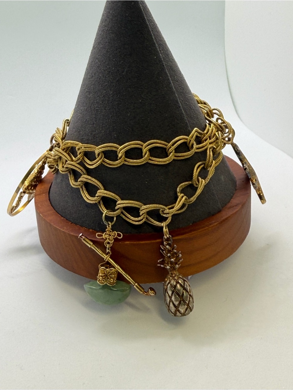Gold Tone Charm Bracelet with Pineapple & Jade Accents